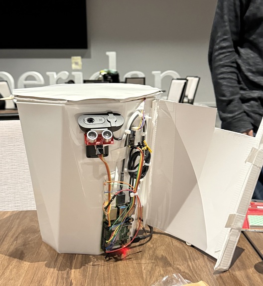 EchoBin Internal Chassis showing Raspberry Pi, GPIO Wiring, and Cable Management